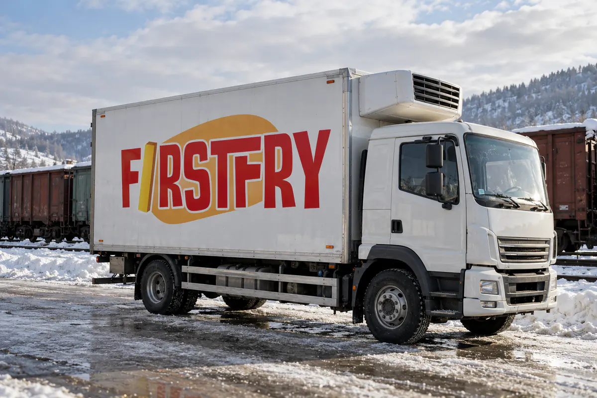 A FirstFry refrigerated truck in a snowy freight yard