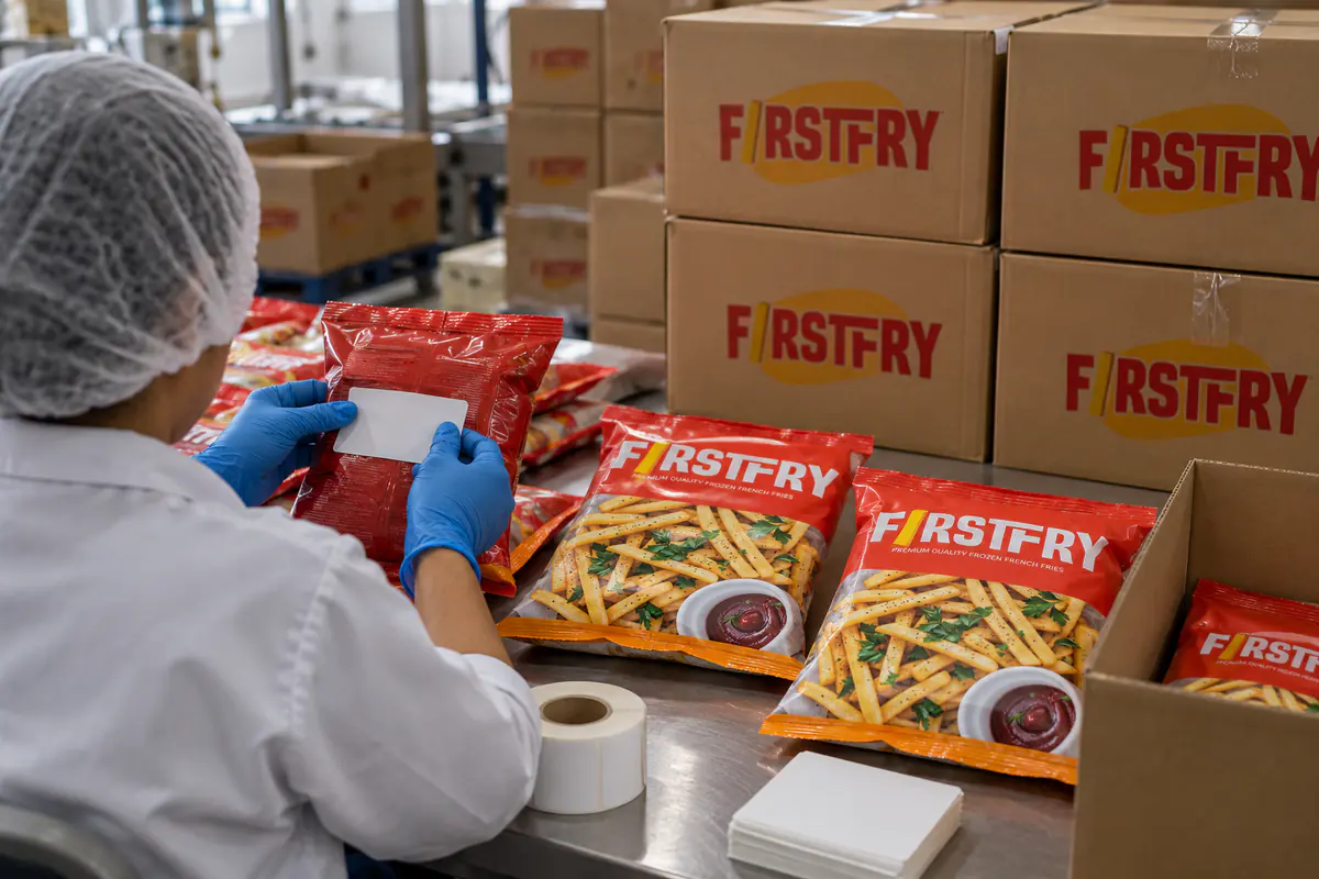 A worker seen from behind applying blank labels to the backs of FirstFry packs