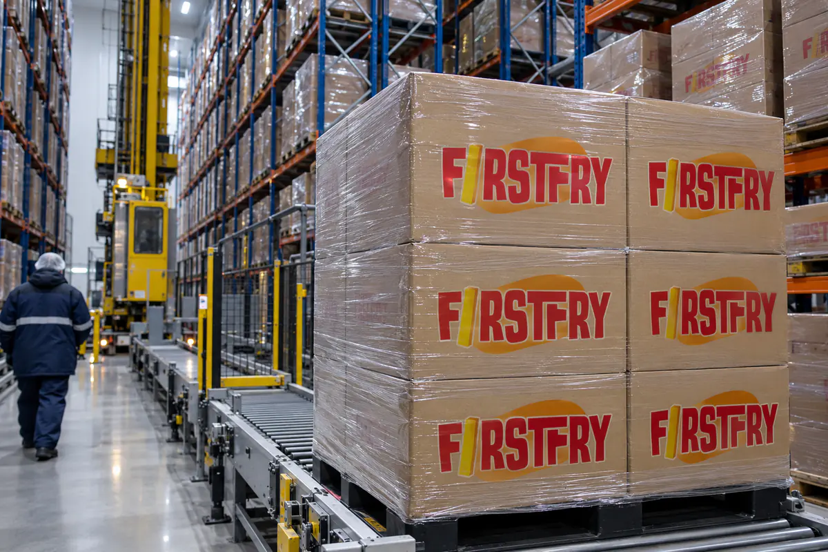 A pallet of FirstFry cartons on a conveyor in a high-bay automated cold store