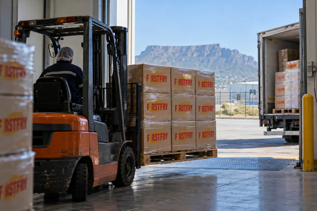 A forklift moving FirstFry cartons at a loading bay with a flat-topped mountain beyond