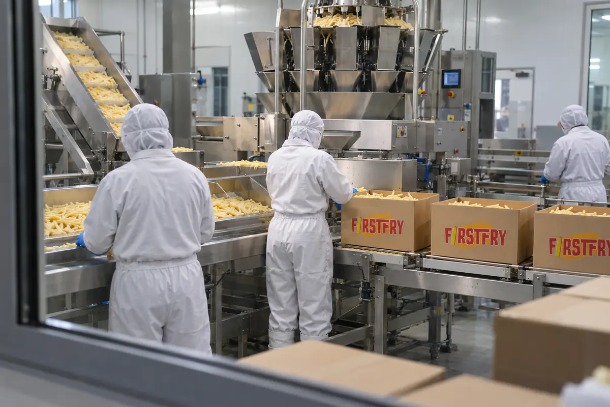 Workers in white coveralls packing FirstFry cartons, seen through a window