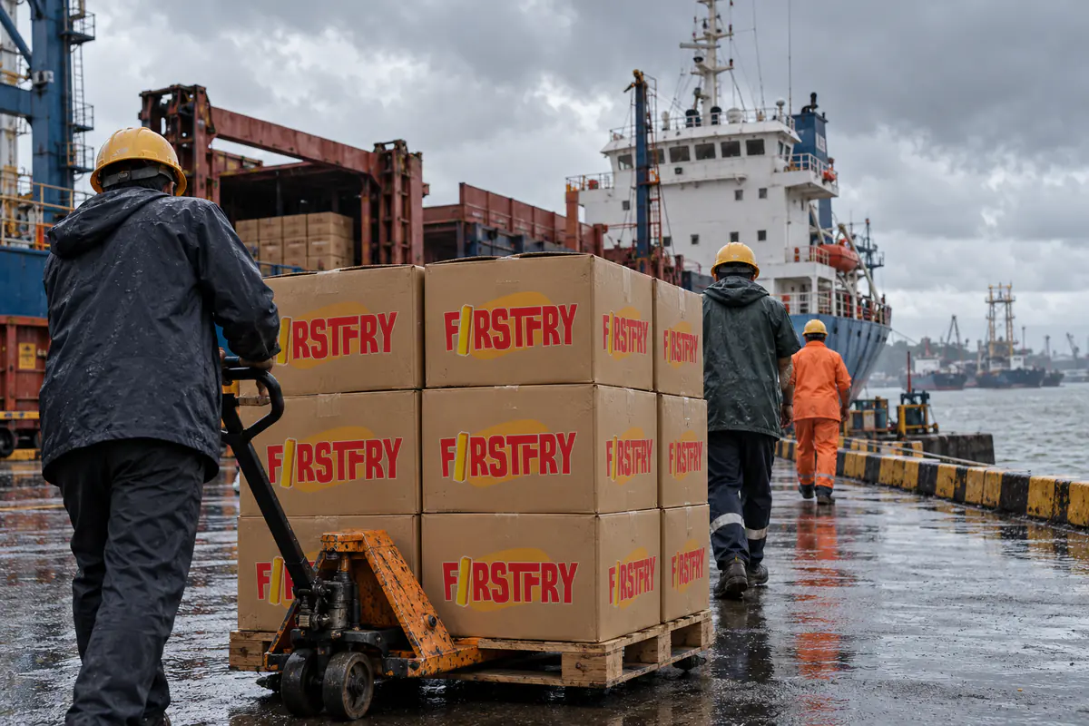Dock workers seen from behind moving FirstFry cartons at a river port under a monsoon sky