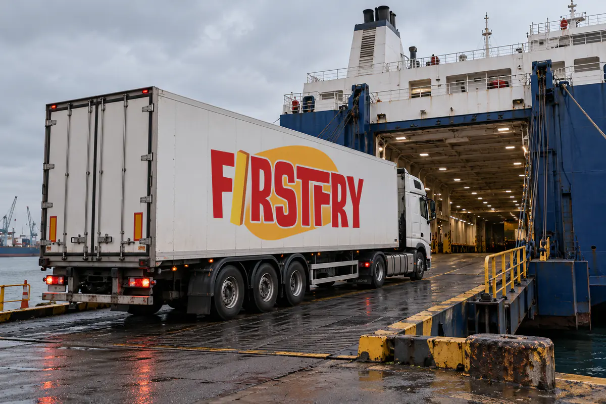 A FirstFry refrigerated lorry boarding a ferry ramp under a grey sky
