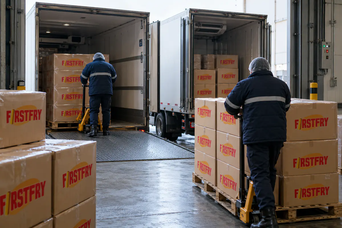 Pallets of FirstFry cartons on a cold storage dock with two refrigerated trucks