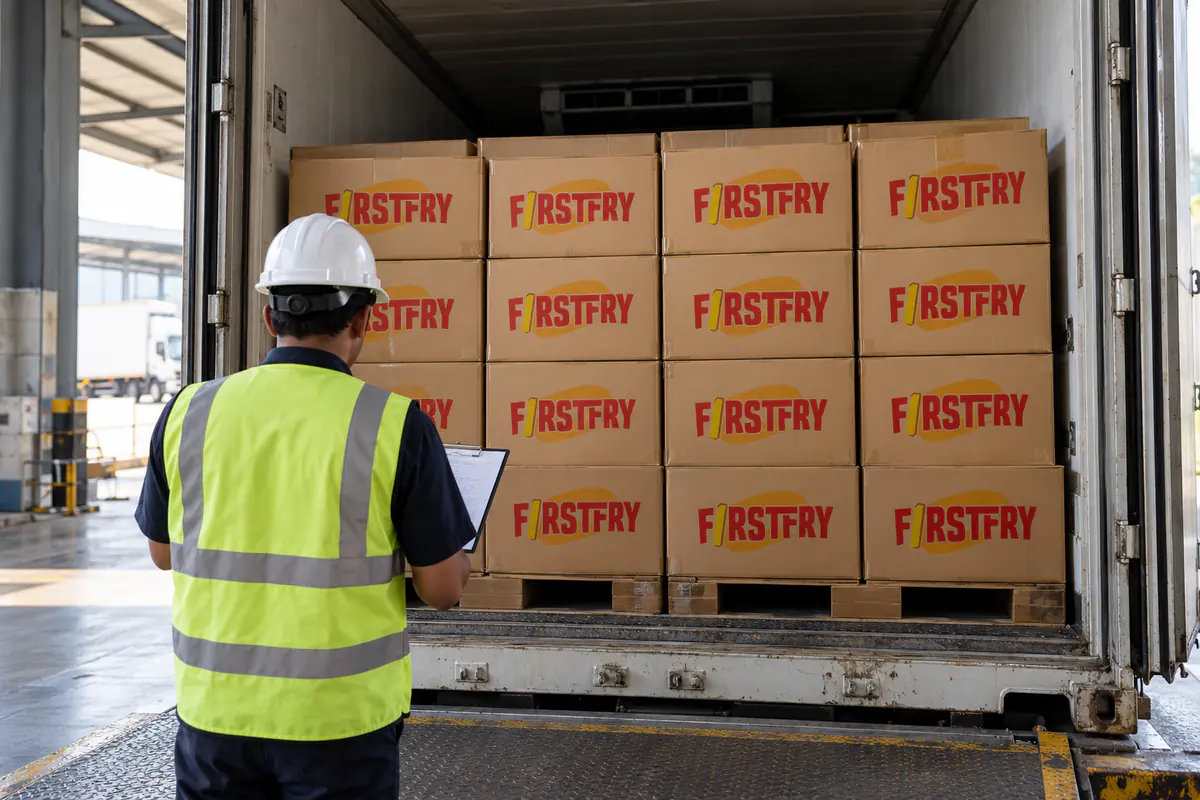 A customs officer seen from behind inspecting a container of FirstFry cartons