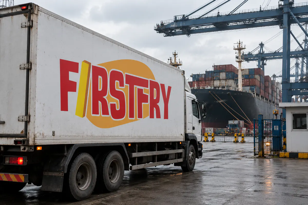 A FirstFry refrigerated truck at a port gate with a container vessel behind