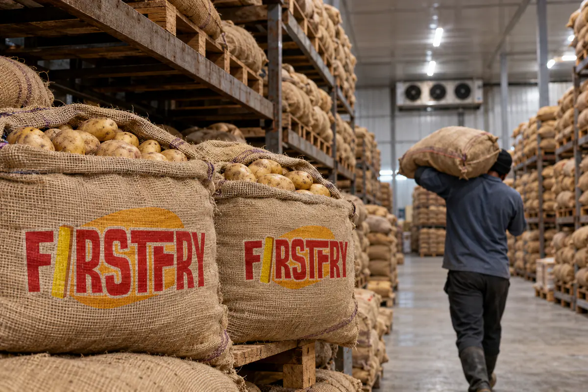 Jute sacks printed with the FirstFry logo stacked in a potato cold storage