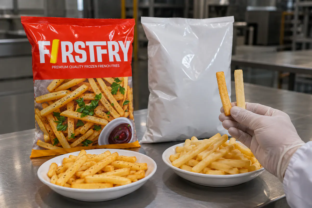A hand comparing two cooked fries in front of a FirstFry pack and a plain bag