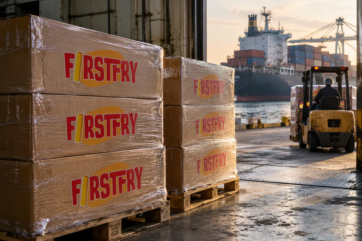 Pallets of FirstFry cartons on a dock with a container ship visible through the door