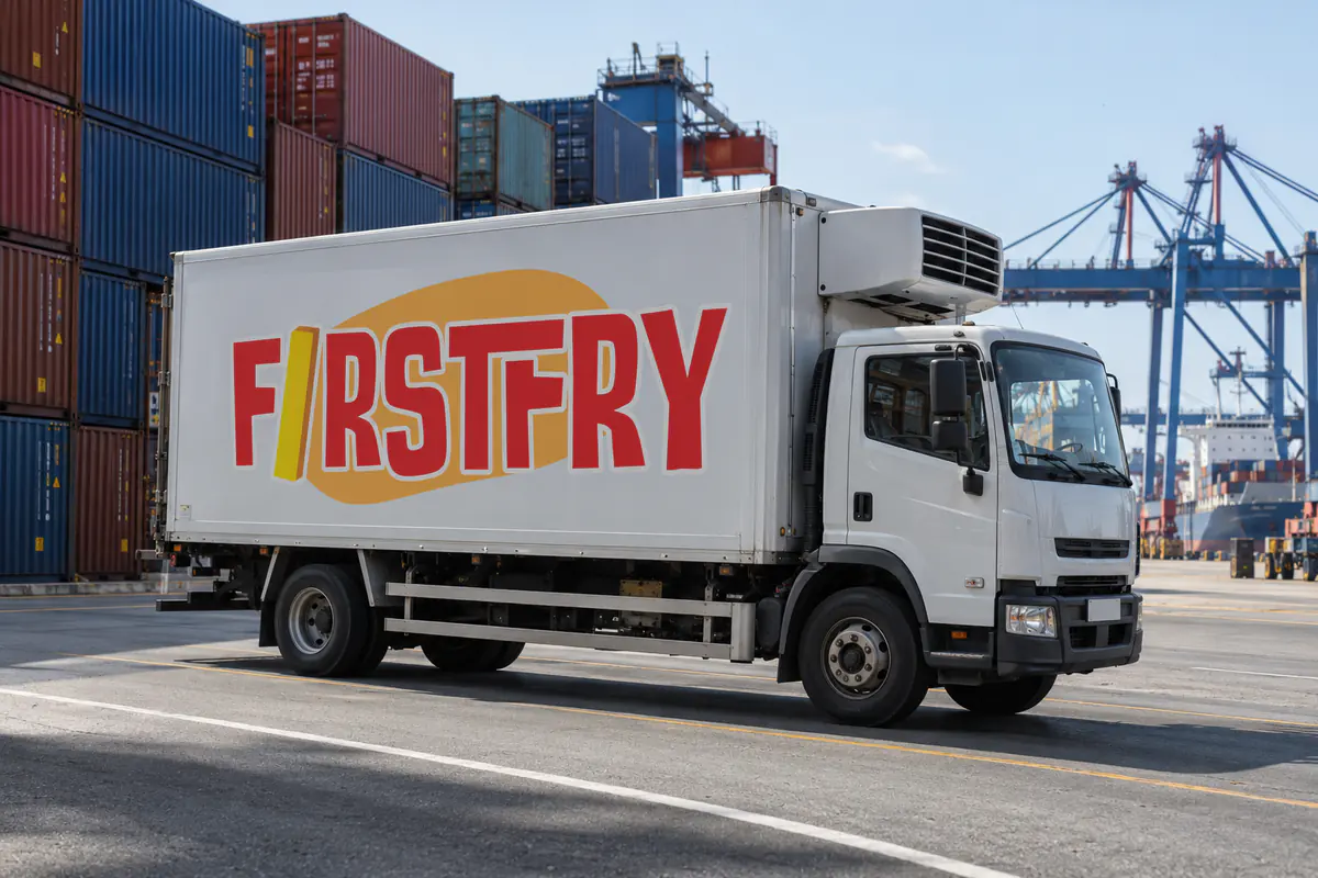 A FirstFry refrigerated truck on a port road beside stacked containers