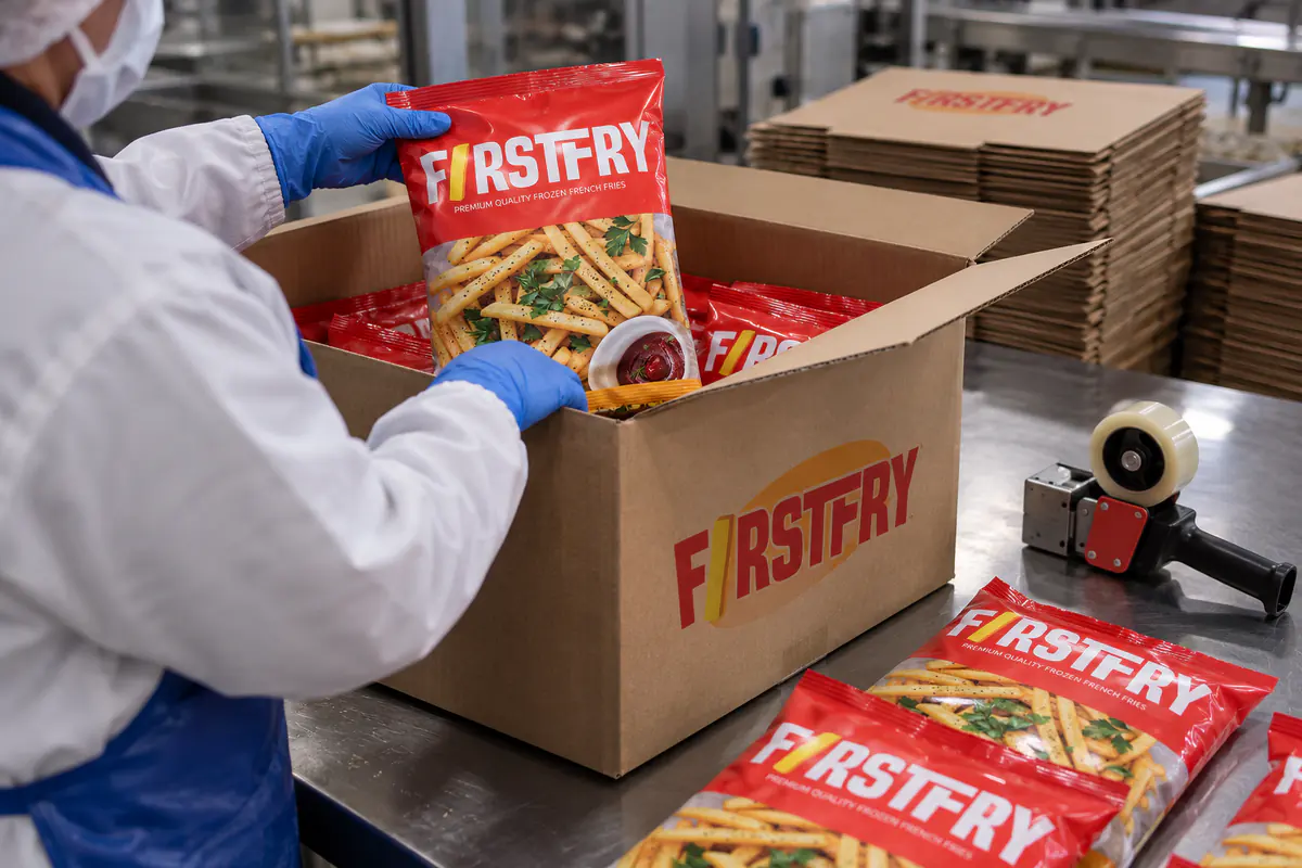 Gloved hands packing FirstFry packs into a FirstFry carton