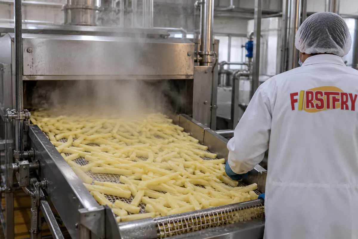 Potato strips leaving a steaming blancher, with an operator in a FirstFry coat seen from behind