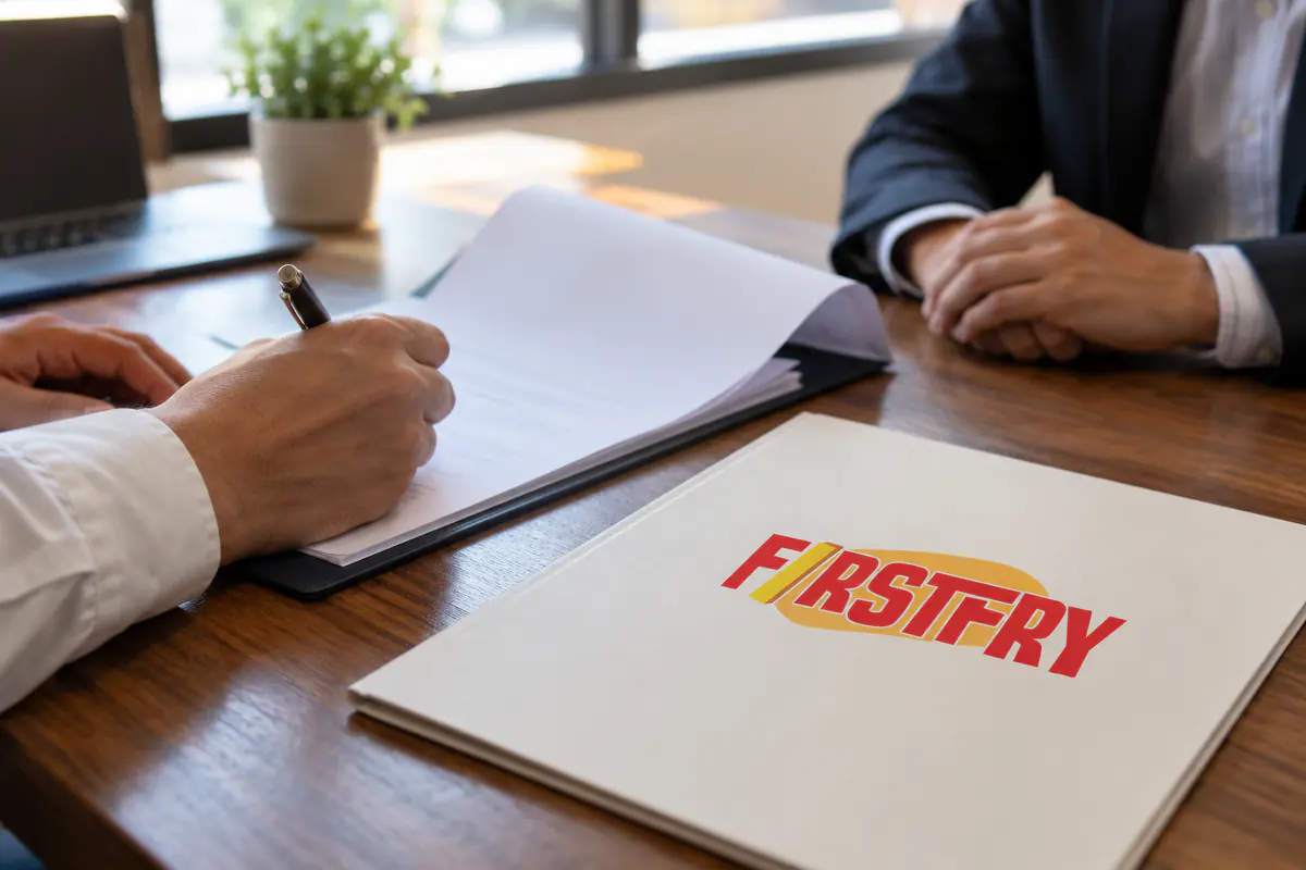 A hand signing a contract beside a FirstFry presentation folder