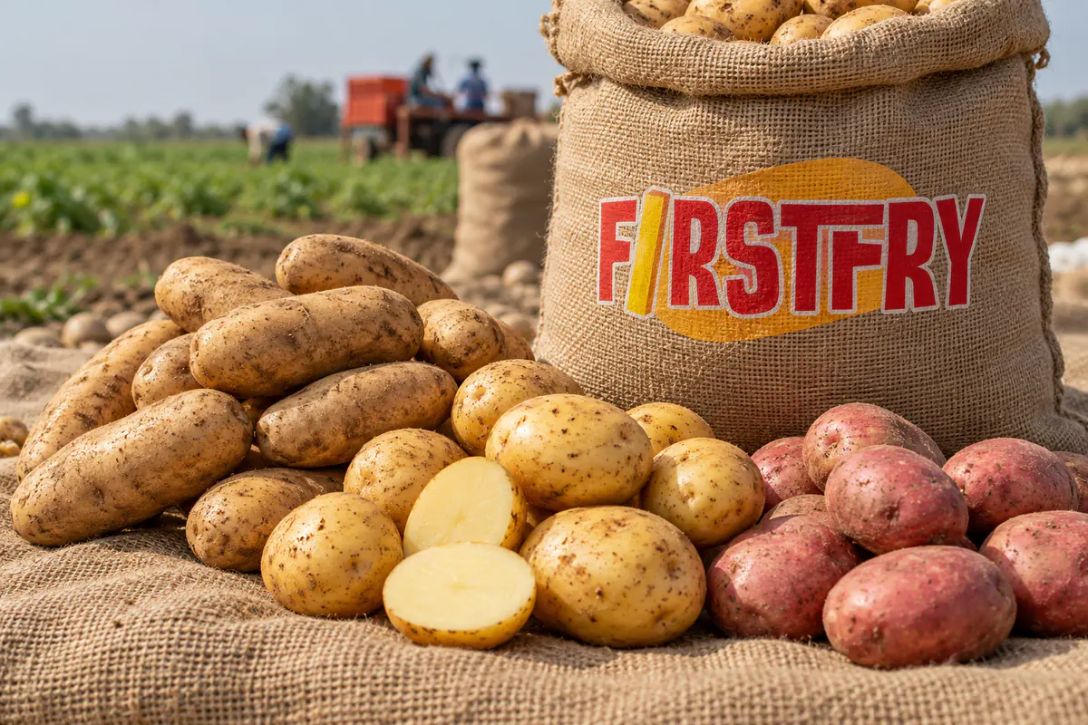 Heaps of different potato varieties in front of a jute sack printed with the FirstFry logo