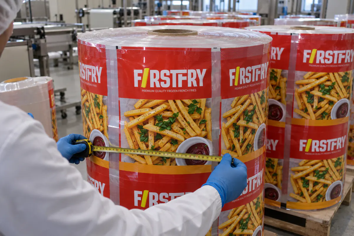 Gloved hands measuring a roll of packaging film printed with FirstFry pack artwork