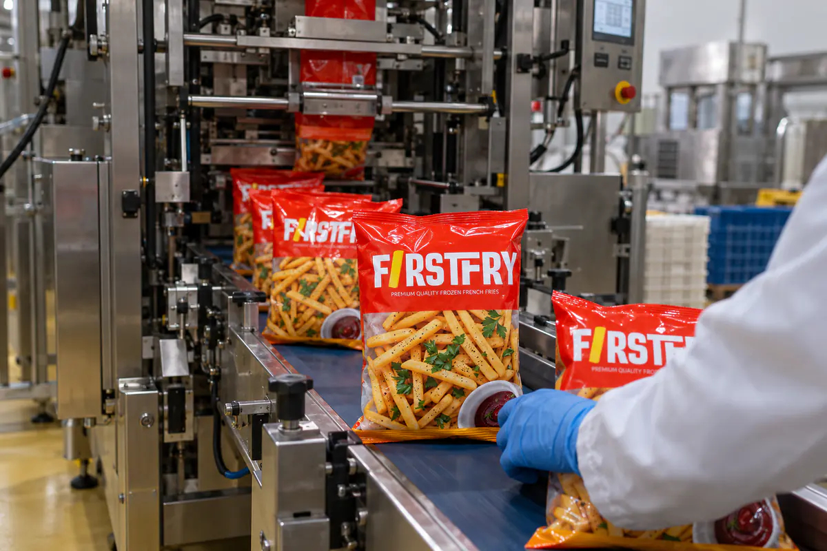 A packing machine with finished FirstFry packs moving along the conveyor