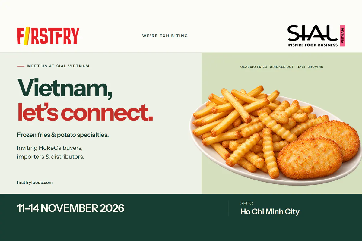 FirstFry and SIAL Vietnam invitation: Vietnam, let’s connect. Frozen fries and potato specialties, 11–14 November 2026, SECC, Ho Chi Minh City, with a platter of classic fries, crinkle cut fries and hash browns