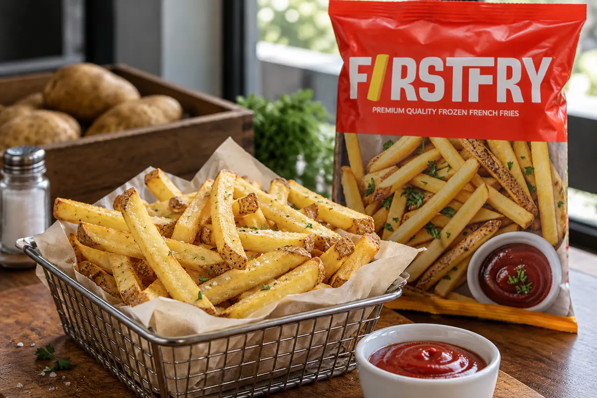 Skin-on fries in a metal basket in front of a FirstFry pack