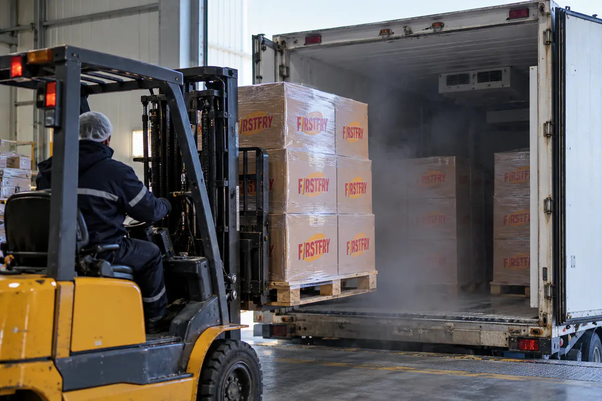 Pallets of FirstFry cartons being loaded by forklift into a refrigerated container