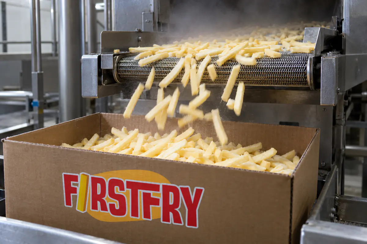 Separate frozen fries falling from a mesh conveyor into a FirstFry carton